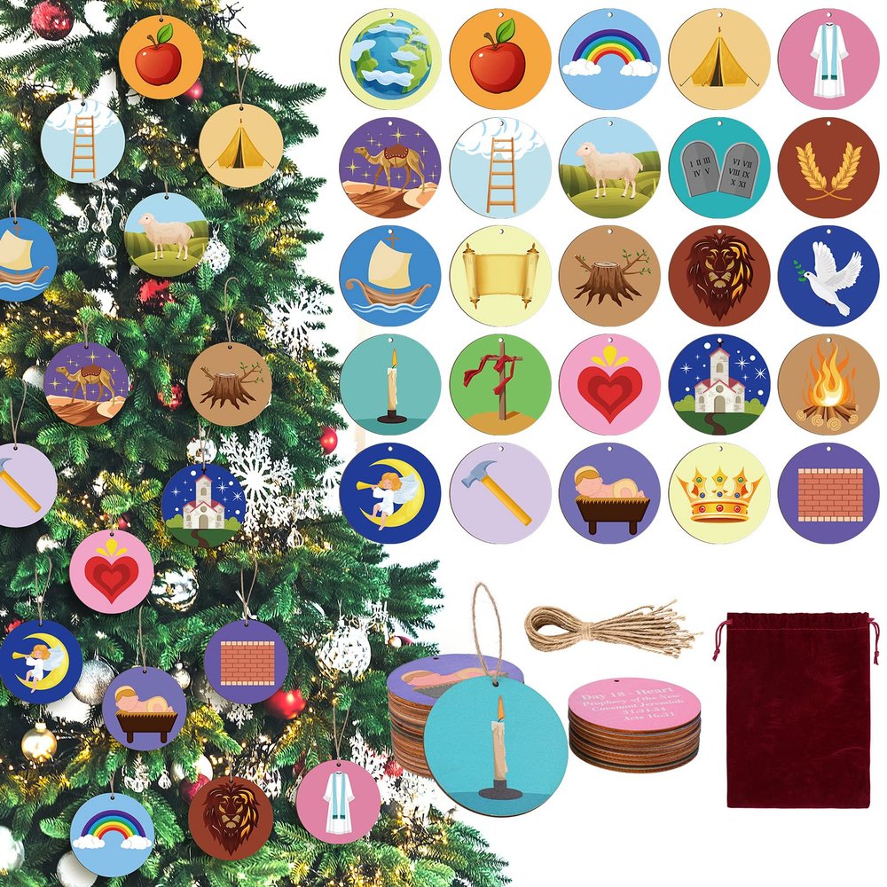 Blulu 25 Pcs Jesse Tree Ornaments Wood Jesse Christmas Advent Calendar Ornaments Wooden Christmas Tree Decorations for Xmas Family Advent Celebration Hanging Decorations (No Hole)