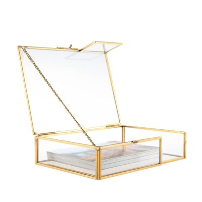 Feyarl Gold Glass Photo Picture DIsplay Box Keepsake Cards Storage Jewelry Trinket Ring Earrings Box Case Shadow Decorative Memory Box for Wedding Home Deco Girl Women(7.3 x 5.3 x 1.8inch)