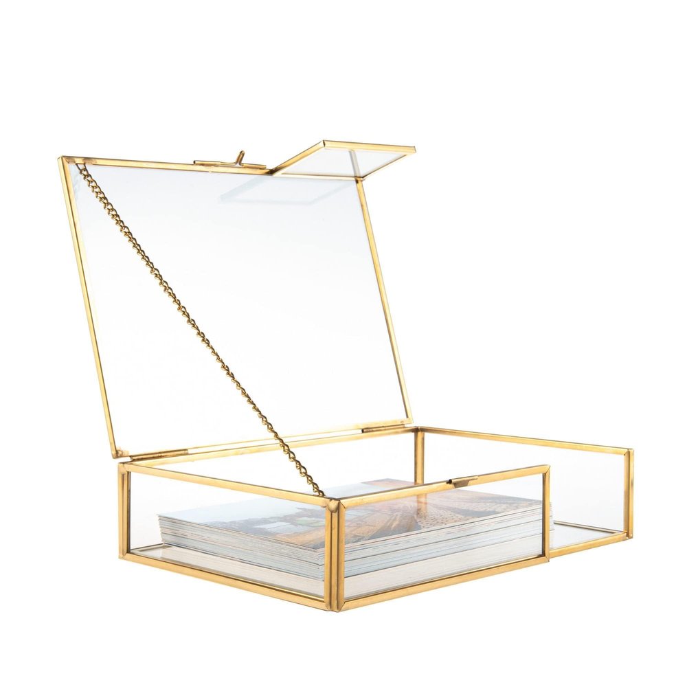 Feyarl Gold Glass Photo Picture DIsplay Box Keepsake Cards Storage Jewelry Trinket Ring Earrings Box Case Shadow Decorative Memory Box for Wedding Home Deco Girl Women(7.3 x 5.3 x 1.8inch)