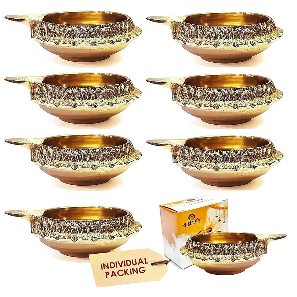 Satvik 8 pc Handmade Golden Engraved Kuber Diya Made of Virgin Brass. Diwali Diya Vilakku for Puja Pooja. Traditional Indian Oil Lamp. Deepawali Decoration Gift Items