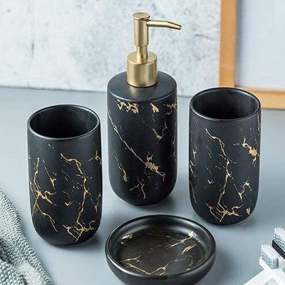 Crysdaralovebi Imitation Marble Ceramics Bathroom Accessories Set Soap Dispenser/Toothbrush Holder/Tumbler/Soap Dish Bathroom Products (4pcs-Black)