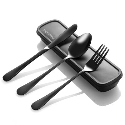 SAOSHYPEI Travel Utensils with Case, 4-Piece Stainless Steel Set, Black