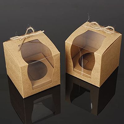 Crysdaralovebi 12/24pcs Brown Kraft Paper Cupcake Box Cake Box with Window Wedding Party Favor Box Cake Packaging (kraft paper box,24pcs)