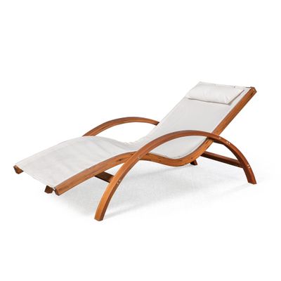 Island Retreat Bentwood Breeze Luxury Chaise Lounger  Pool Lounge Chair with Weatherproof Wood Frame, Breathable Fabric & Pillow  Deck, Patio, Poolside or Outdoor Furniture, Teak & White