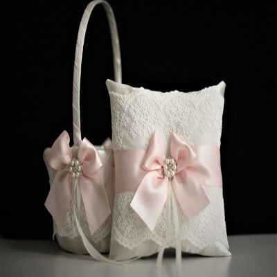 Blush Pink Flower Girls Basket and Ring Bearer Pillow Set, Pink Ring Pillow/Pink Wedding basket/Pink Wedding Pillow/Lace Flower Basket (Gold, 1 Basket)