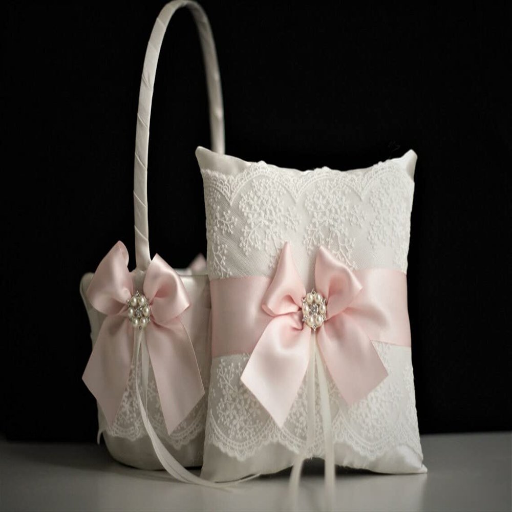 Blush Pink Flower Girls Basket and Ring Bearer Pillow Set, Pink Ring Pillow/Pink Wedding basket/Pink Wedding Pillow/Lace Flower Basket (Gold, 1 Basket)