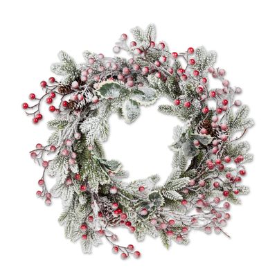 Abbott Collection 27-FIRSTSNOW-305 Frosty Wreath with Berries, Green/Red