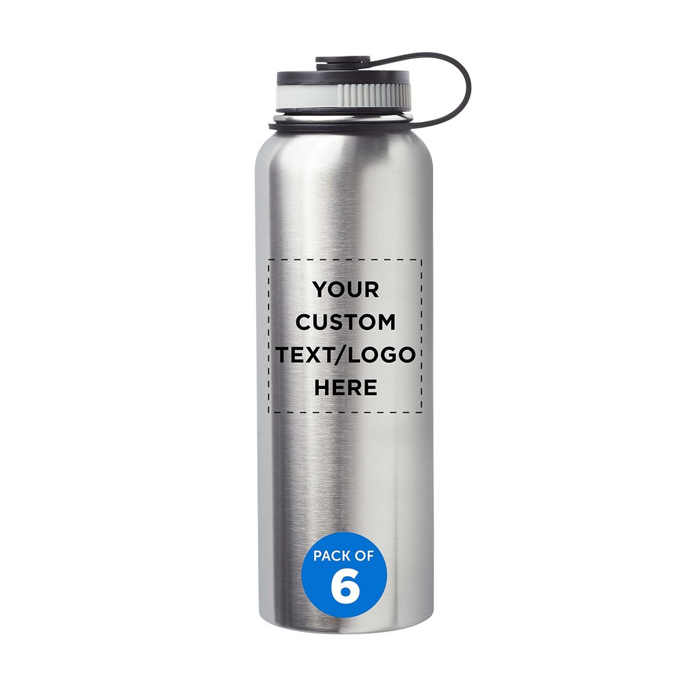 6 Stainless Steel Vacuum Water Bottles Set, 41 oz. - Customizable Text, Logo - Double wall - Silver