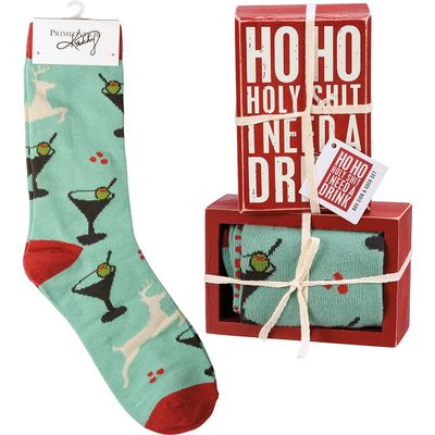 Primitives by Kathy 110902 Decorative Box Sign & Pair of Socks Gift Set - Ho Ho Holy Shit I Need A Drink