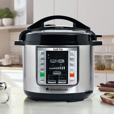 Wonderchef 6 Quart Indian Cooking Multi-use Programmable 7-in-1 Stainless Steel Pressure Cooker, Steamer, Yogurt Maker, Saut, Rice Cooker, Warmer and Slow Cooker; 6-quarts