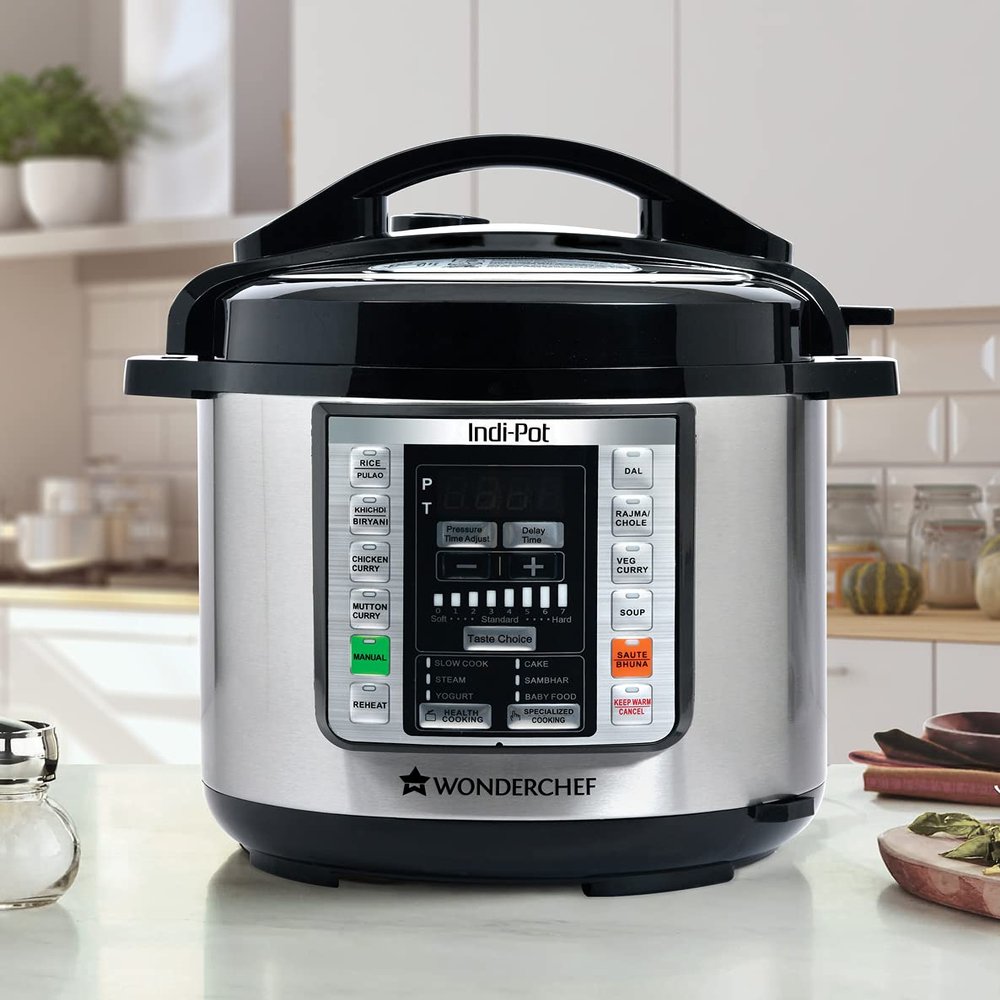 Wonderchef 6 Quart Indian Cooking Multi-use Programmable 7-in-1 Stainless Steel Pressure Cooker, Steamer, Yogurt Maker, Saut, Rice Cooker, Warmer and Slow Cooker; 6-quarts