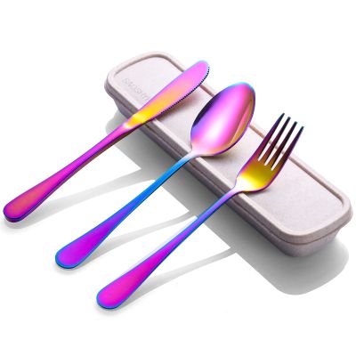 SAOSHYPEI Travel Utensils with Case, 4-Piece Stainless Steel Set, Rainbow
