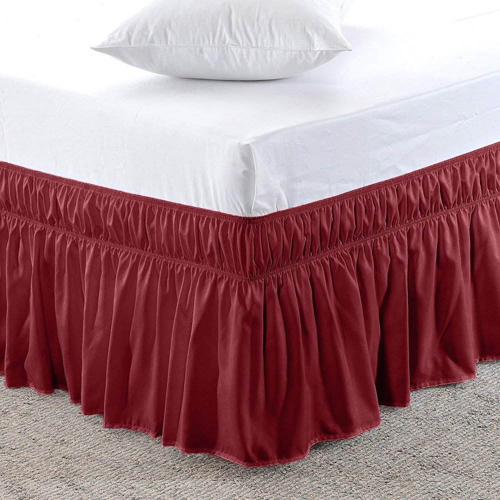Amuze Bedding Easy Fit Elastic Wrap Around Ruffled BedSkirt Recron Drop Length 16 Inches (Burgundy,Short Queen)