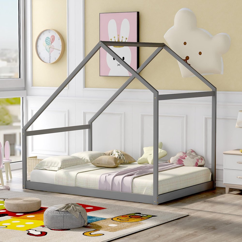 AOCHUANG Solid Wood Full Size Daybed, Platform Bed with Roof, Wooden House Bed Frame for Kids, Teen, Toddler, Can be Decorated (Gray)