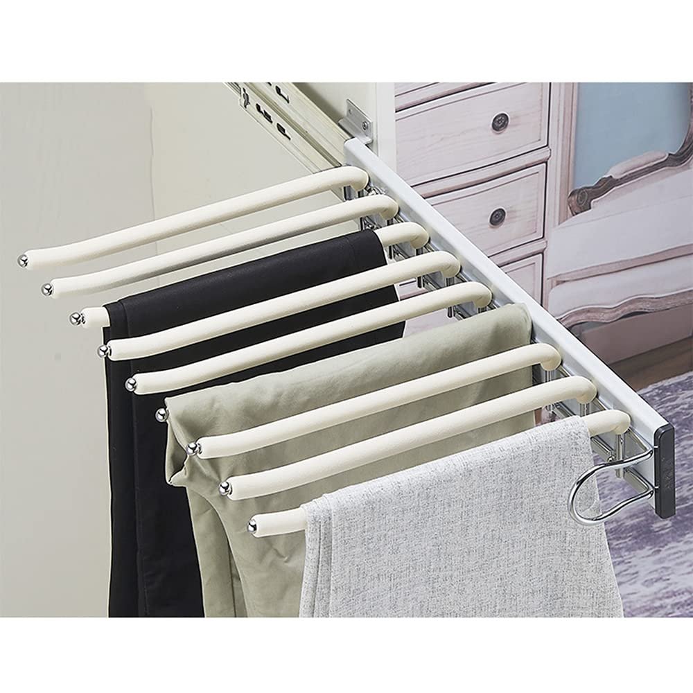 LKP Pull Out Wardrobe Hanging Rail, Sliding Pants Rack for Hanging Scarf, Retractable Clothes Hanger, with 9 Arms, Beige/Black/Orange