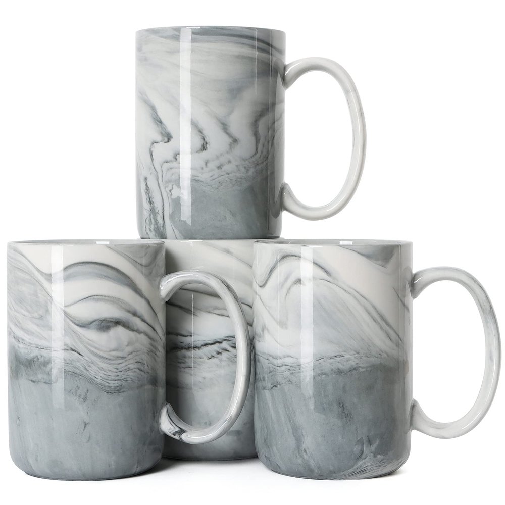 Smilatte 14 OZ Marble Coffee Mugs, M068 Novelty Marble Ceramic Cup for Home and Office, Microwave Dishwasher Safe, Set of 4, Gray
