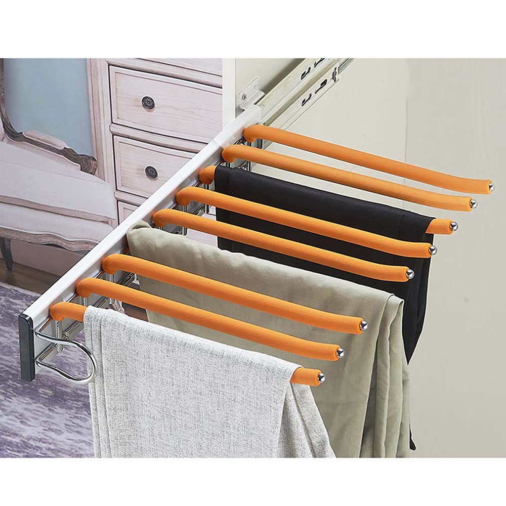 LKP Pull Out Wardrobe Hanging Rail, Sliding Pants Rack for Hanging Scarf, Retractable Clothes Hanger, with 9 Arms, Beige/Black/Orange