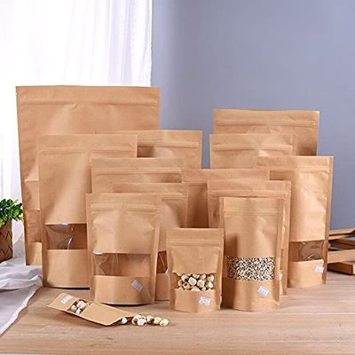 Crysdaralovebi 100 pcs Kraft Paper Bags Zip Lock Stand-up Reusable Sealing Food Pouches with Matte Window and Tear Notch for Storing Cookie (15X22cm)