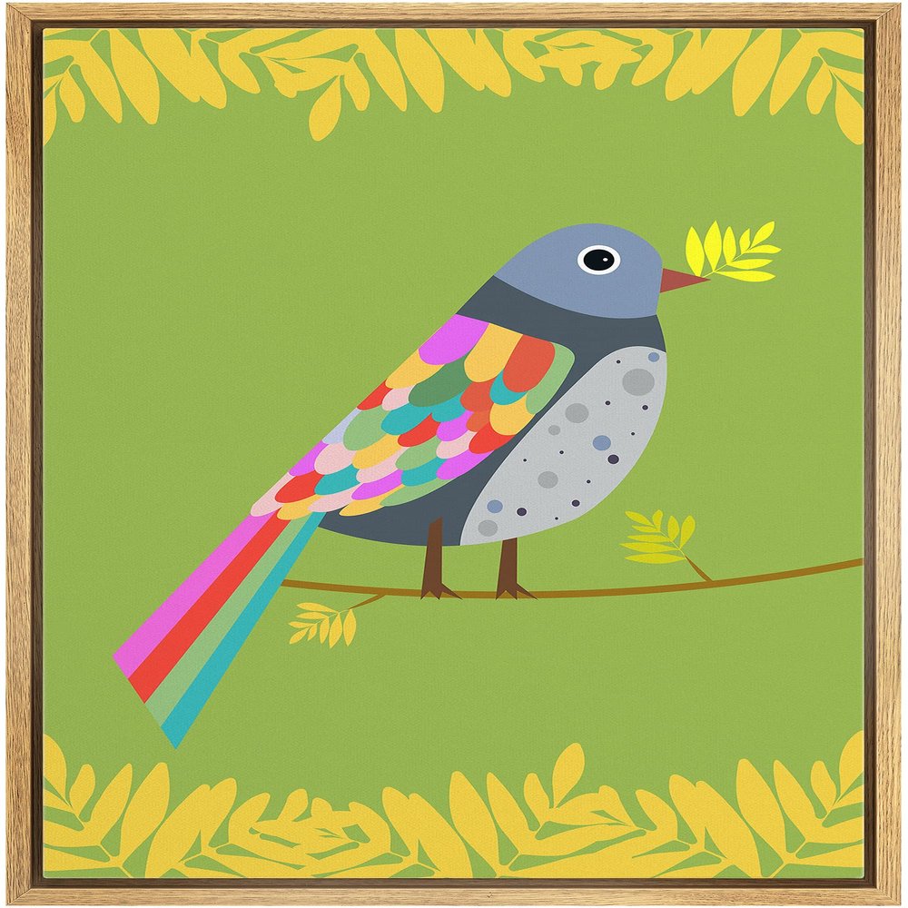 bestdeal depot Framed Canvas Print Wall Art Multicolor Gray & Pink Pigeon on Green Background Birds Wilderness Illustrations Modern Art Chic Ultra for Living Room, Bedroom, Office - 16"x24" NATURAL