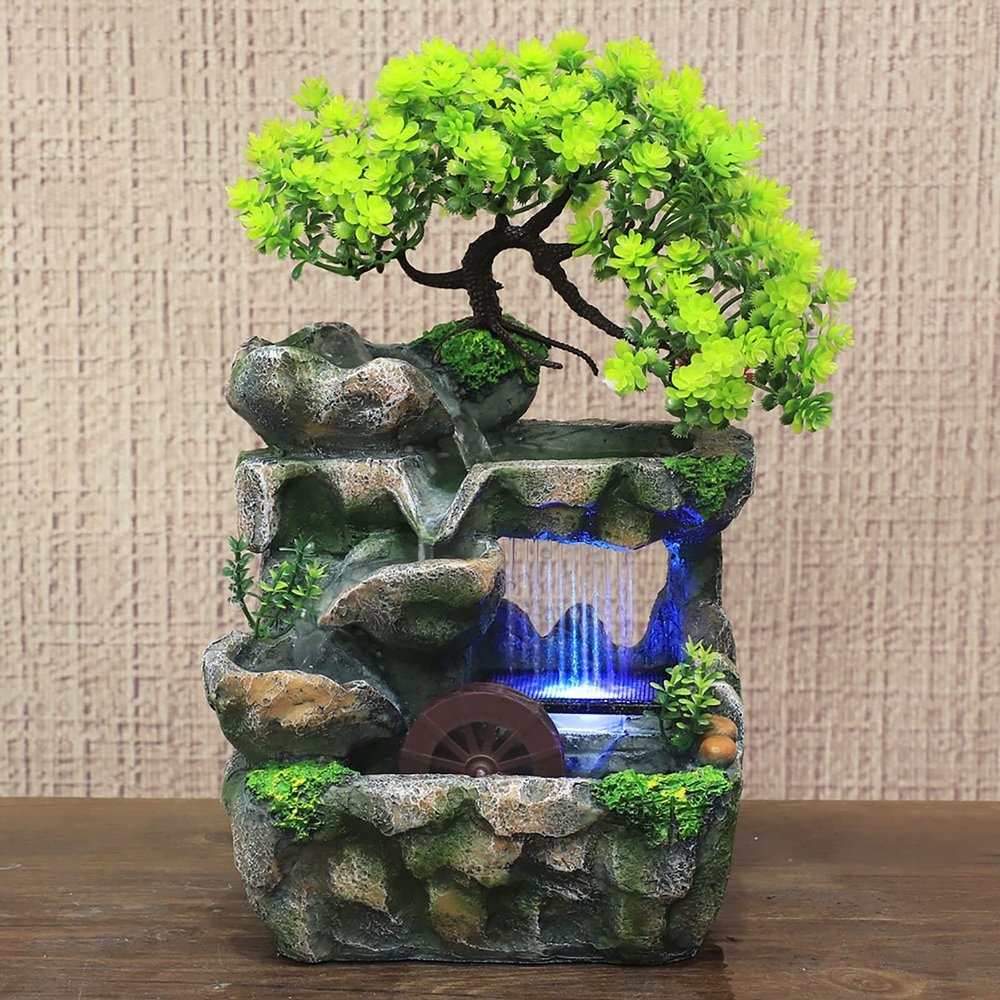 DYRABREST Indoor Relaxation Desktop Fountain Waterfall, Zen Meditation Rockery Crafts Indoor Waterfall with LED Light for Home Office Bedroom Desk Dcoration