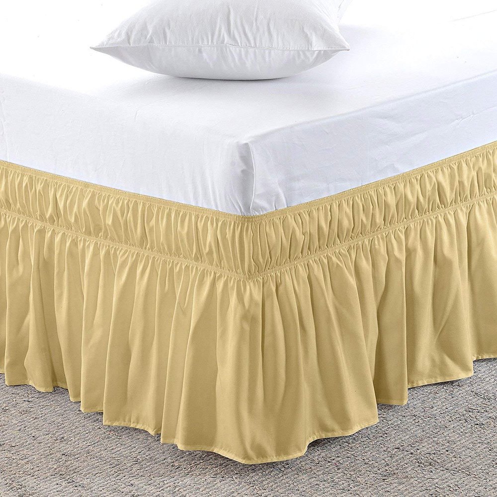 Amuze Bedding Easy Fit Elastic Wrap Around Ruffled BedSkirt Recron Drop Length 16 Inches (Gold,Queen XL)