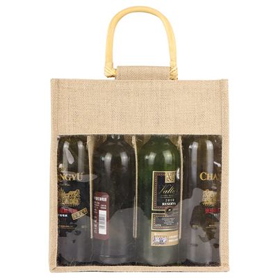 Vpang Eco-Friendly Burlap Jute Wine Bottle Tote with Cane Handle - Gift Packaging and Gift Bag for Four Bottles