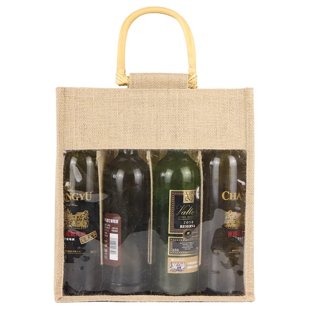Vpang Eco-Friendly Burlap Jute Wine Bottle Tote with Cane Handle - Gift Packaging and Gift Bag for Four Bottles