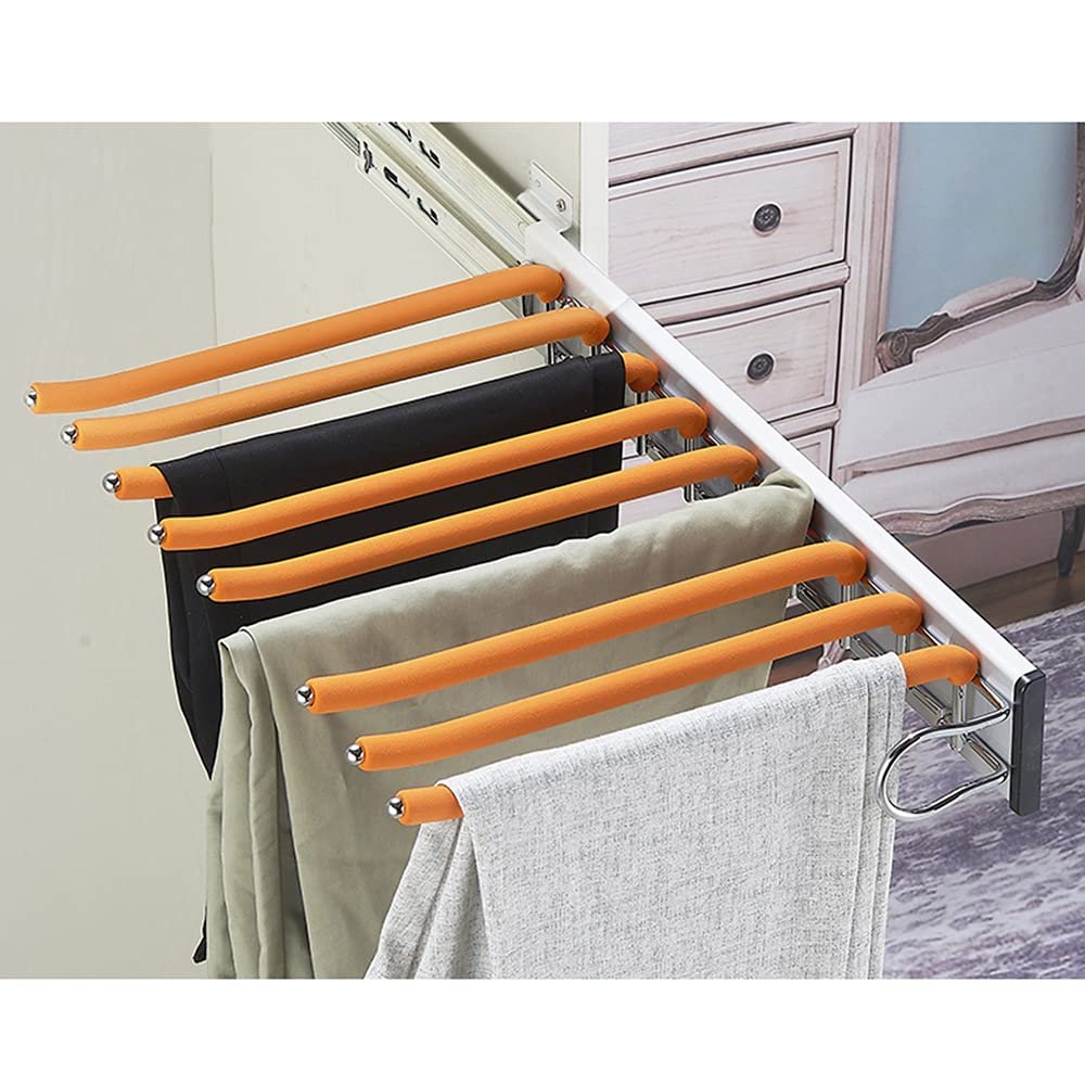 LKP Pull Out Wardrobe Hanging Rail, Sliding Pants Rack for Hanging Scarf, Retractable Clothes Hanger, with 9 Arms, Beige/Black/Orange