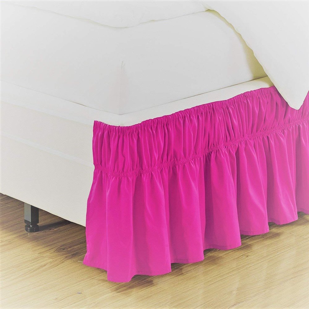 Amuze Bedding Easy Fit Elastic Wrap Around Ruffled BedSkirt Recron Drop Length 16 Inches (Hot Pink,King XL)