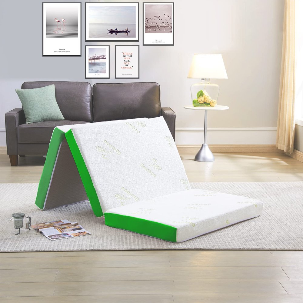 RXRRXY Tri-Folding Mattress, Mattress Topper with Memory Foam, Breathable Mesh Sides, Non-slip Bottom & Soft Washable Bamboo Cover, 4 Inch Mattress for Camping, Play Mat, Guest Beds, Dorm Room (Queen)
