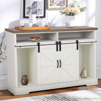 Sophia & William Farmhouse Sideboard Buffet Server Coffee Bar Storage Cabinet with Sliding Barn Door for Kitchen Living Room, Ivory