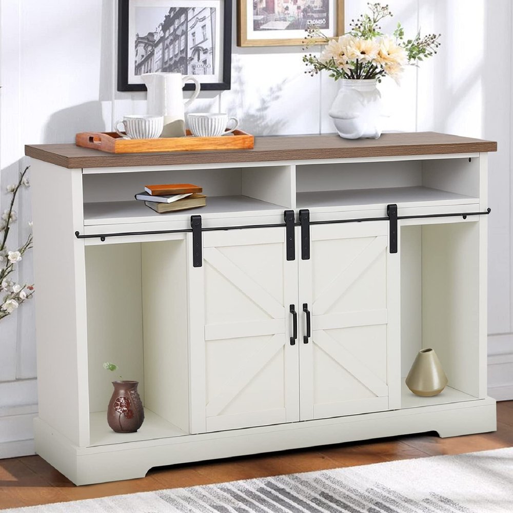 Sophia & William Farmhouse Sideboard Buffet Server Coffee Bar Storage Cabinet with Sliding Barn Door for Kitchen Living Room, Ivory