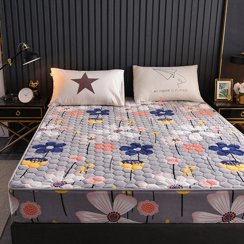 CFYCYHDZHT Deep Pockets Fits Children's Bedroom Thick Quilted Coral Fleece Animal Print Mattress Cover,Boys Girls Room Thick Warm Non Slip Bed Cover Flower 150cmx200cm