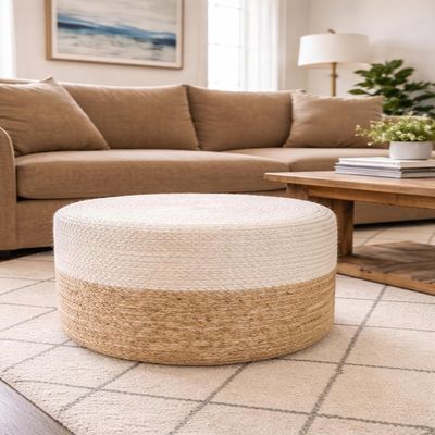 Scandilivin Homes Pouf Ottoman 100% Jute Pouffe Natural Ivory (18"x18"x12")