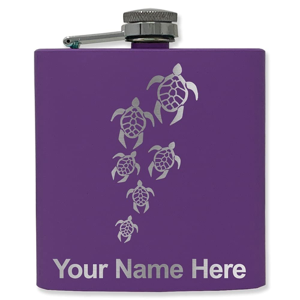 6oz Stainless Steel Flask, Sea Turtle Family, Personalized Engraving Included (Dark Purple)