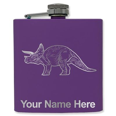 6oz Stainless Steel Flask, Triceratops Dinosaur, Personalized Engraving Included (Dark Purple)