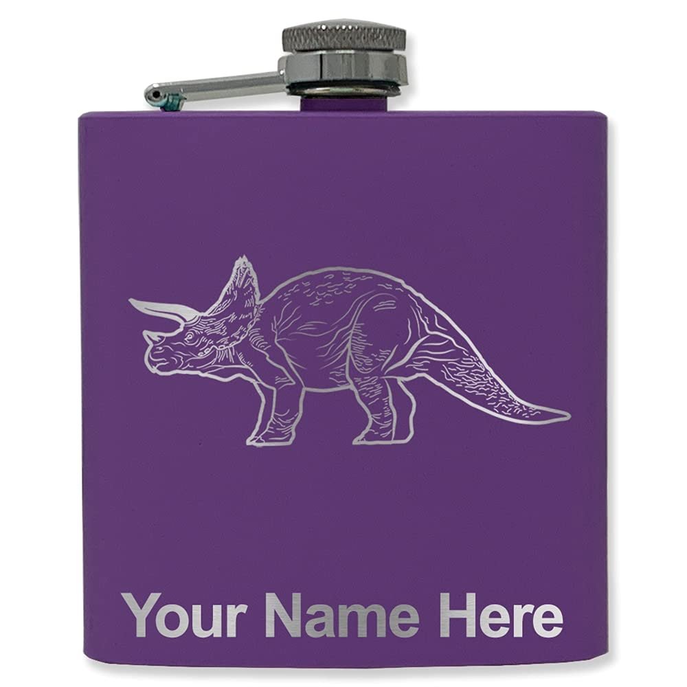 6oz Stainless Steel Flask, Triceratops Dinosaur, Personalized Engraving Included (Dark Purple)