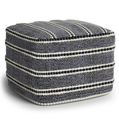 SIMPLIHOME Corrie Square Pouf - 18 inch Wide Woven PET Polyester Indoor/Outdoor Ottoman in Navy and White, Boho-Style Footstool or Extra Seating for Living Room, Bedroom, or Patio, Assembled