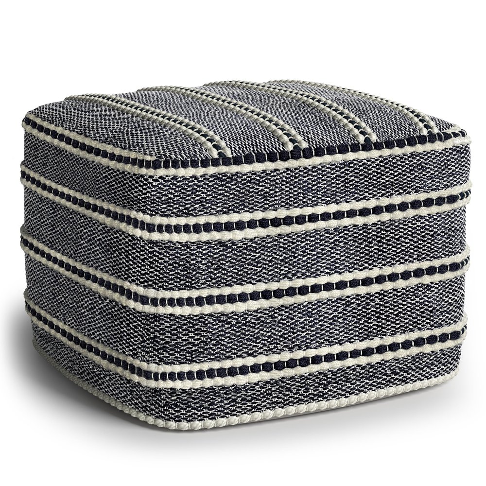 SIMPLIHOME Corrie Square Pouf - 18 inch Wide Woven PET Polyester Indoor/Outdoor Ottoman in Navy and White, Boho-Style Footstool or Extra Seating for Living Room, Bedroom, or Patio, Assembled