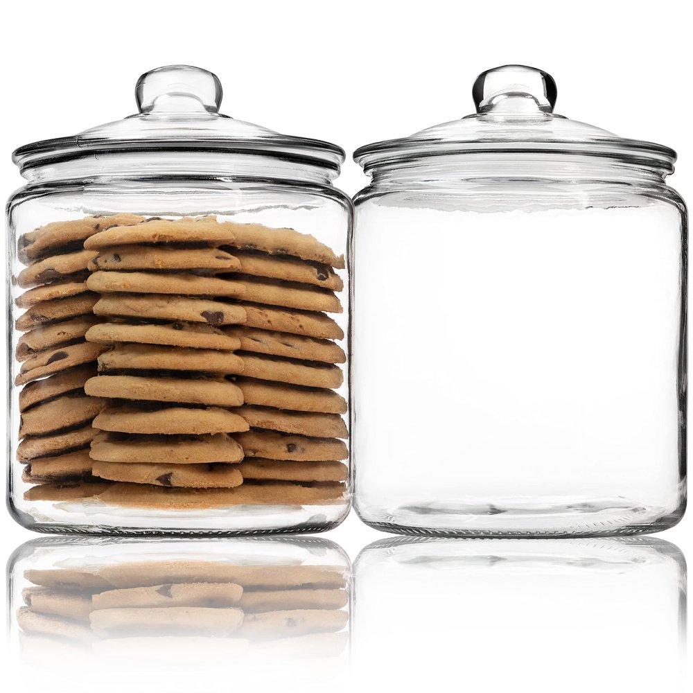 1 Gallon Glass Cookie Jar - Large Food Storage Container with Airtight Lid - Keep Fresh Flour, Chewy Pet Treats, Candy, Dried Foods, Detergent Pods for Your Kitchen or Laundry Room- Pack of 2