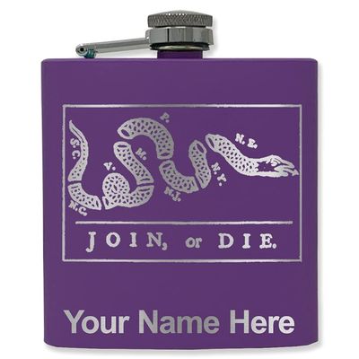6oz Stainless Steel Flask, Join or Die, Personalized Engraving Included (Dark Purple)