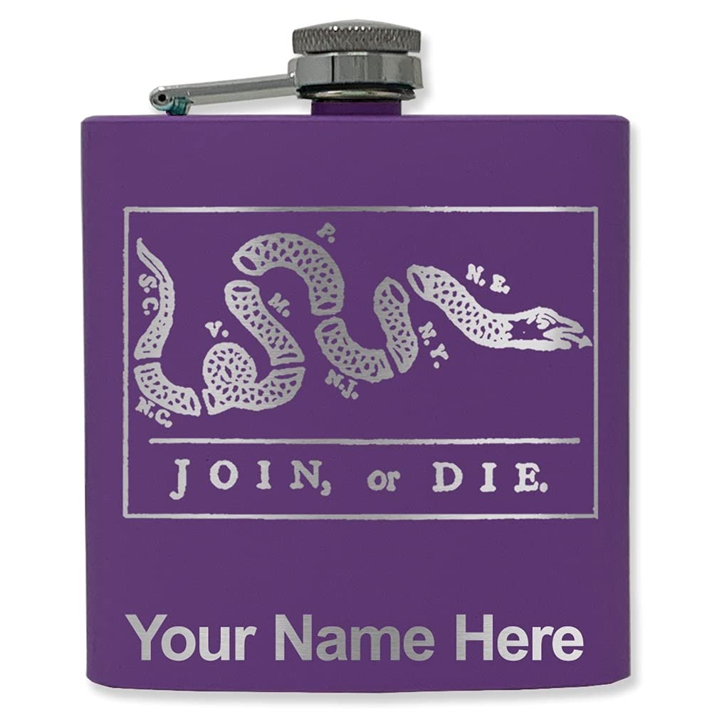 6oz Stainless Steel Flask, Join or Die, Personalized Engraving Included (Dark Purple)