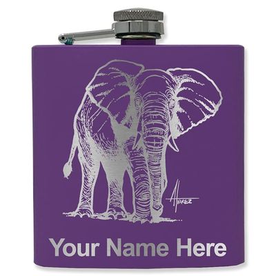 6oz Stainless Steel Flask, African Elephant, Personalized Engraving Included (Dark Purple)