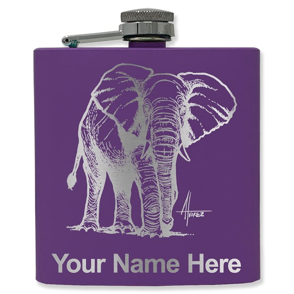6oz Stainless Steel Flask, African Elephant, Personalized Engraving Included (Dark Purple)