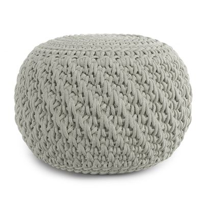 SIMPLIHOME Nisi Boho Round Knitted Outdoor/ Indoor Pouf in Light Grey Recycled PET Polyester for the Living Room, Bedroom and Kids Room