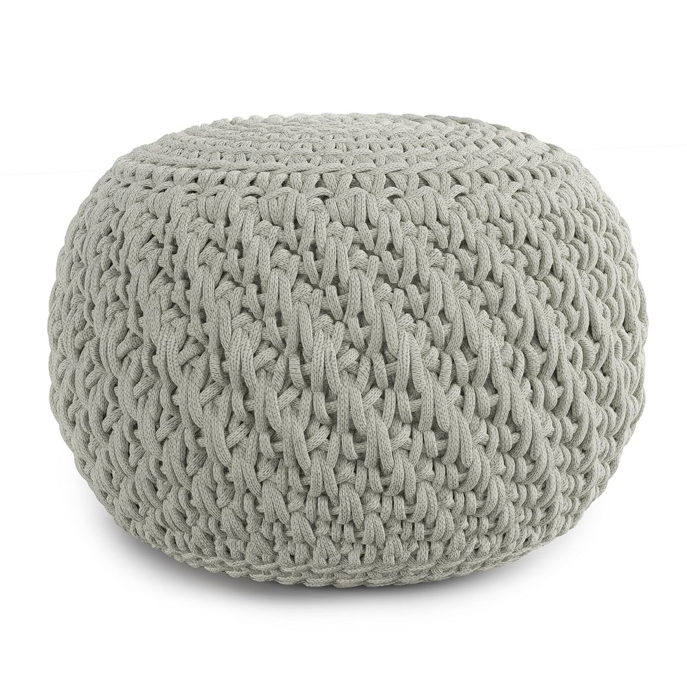 SIMPLIHOME Nisi Boho Round Knitted Outdoor/ Indoor Pouf in Light Grey Recycled PET Polyester for the Living Room, Bedroom and Kids Room