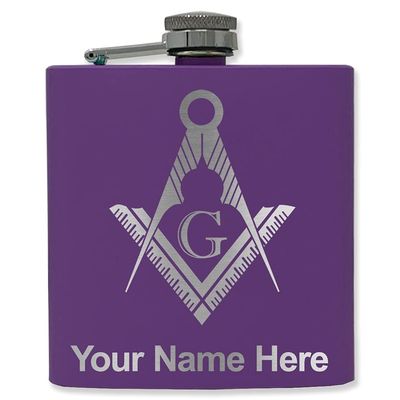 6oz Stainless Steel Flask, Freemason Symbol, Personalized Engraving Included (Dark Purple)