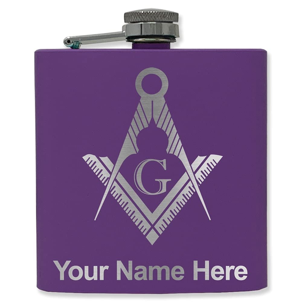 6oz Stainless Steel Flask, Freemason Symbol, Personalized Engraving Included (Dark Purple)