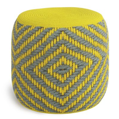 SIMPLIHOME Kent Boho Round Woven Outdoor/ Indoor Pouf in Grey and Yellow Recycled PET Polyester for the Living Room, Bedroom and Kids Room