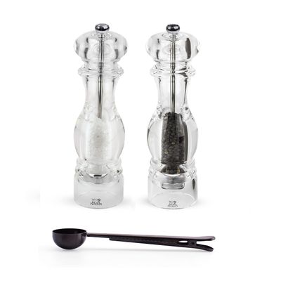 Peugeot Nancy Inch Salt & Pepper Mill Gift Set, Acrylic - With Stainless Steel Spice Scoop/Bag Clip (12 Inch)